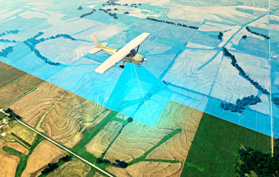Rendering of plane flying over farmland for digital mapping