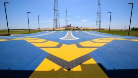 Blue and yellow painted landing strip