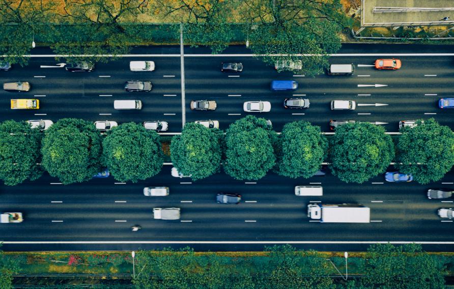 Aerial view of a highway separated by greenery