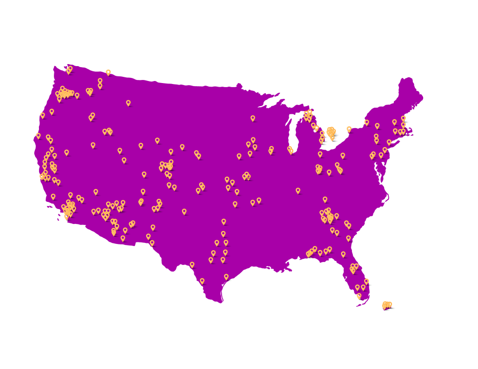 Map of U.S. with orange dots